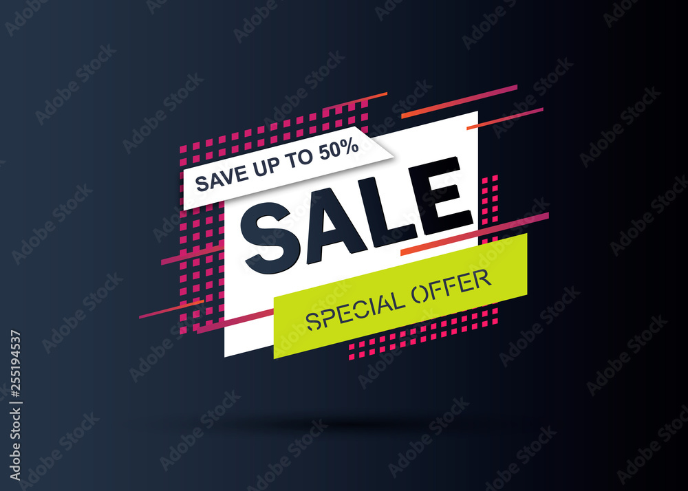 Super Sale and special offer. 50 off. Vector illustration. Trendy neon geometric figures wallpaper in a modern material design style.