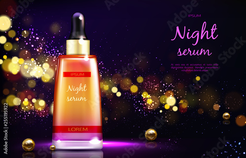 Skin repairing night serum 3d realistic vector advertising banner or poster. Cosmetics product branded glass bottle with dropper and golden pearls on black background with sparkles bokeh illustration