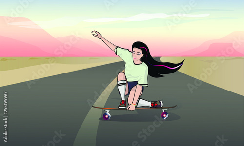 vector background girl on longboard against the mountains