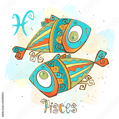 Children's horoscope icon.  Pisces . Astrological symbol as cartoon character.