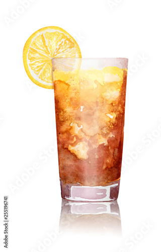 Hand drawn watercolor long island ice tea cocktail on white background