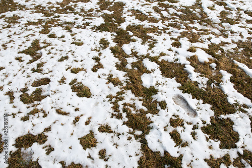 Footprint of a human in the snow in mountains after Winter in Spring © dissx