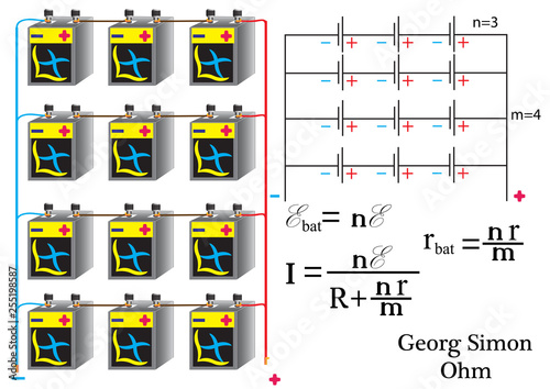 The electric circuit of the mixed connection of the current source, the physical formulas for calculating the parameters of the battery power.