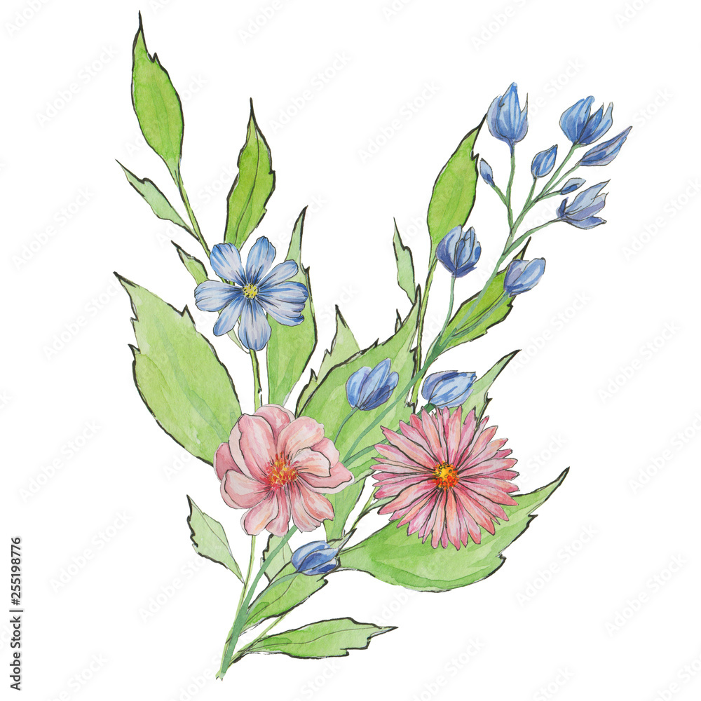 Colorful spring watercolor flowers  on the white isolated background. Floristic nature design.