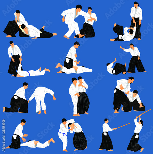Fight between two aikido fighters vector illustration. Sparring on training action. Traditional self defense skills, martial art exercising concept. Aikido practice pose. Sparing duel demonstration. 