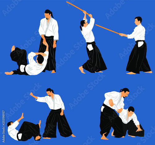Fight between two aikido fighters vector illustration. Sparring on training action. Traditional self defense skills, martial art exercising concept. Aikido practice pose. Sparing duel demonstration. 