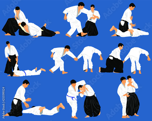 Fight between two aikido fighters vector illustration. Sparring on training action. Traditional self defense skills, martial art exercising concept. Aikido practice pose. Sparing duel demonstration. 