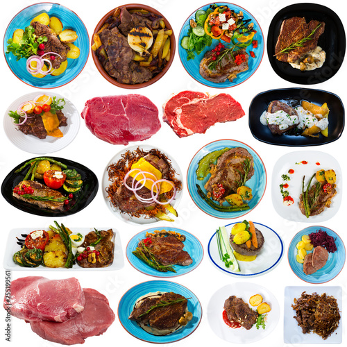 Assorted beef dishes on a white background
