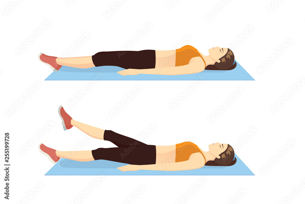 Woman doing Flutter Kicks Exercise in 2 step on blue mat. Illustration about abdominal workout position.