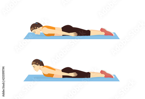 Woman doing The back extension exercise in 2 step. Illustration about strengthens back muscles with Pilates workout.