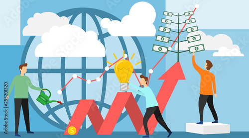 Deposit profit and wealth growing business. Teamwork persons cultivate money to fund future business.