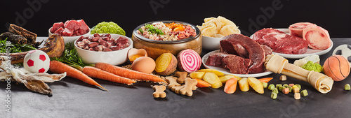 Photography Panorama banner with assorted fresh foods for barf