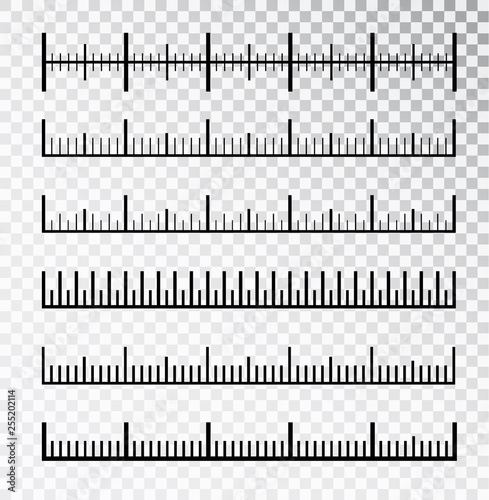 Vector set of metric rulers in flat style. Measuring scales. Mackup for rulers. Size indicators set isolated on background. Unit distances. Concept graphic element