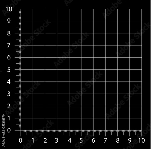 Measured grid. Graph plotting grid. Corner ruler with sets of measurement numbers isolated on the black background. Vector graph paper template background.