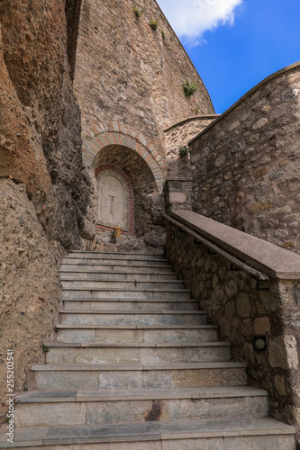 Stairs to the Monastery of Varlaam of the Meteora Eastern Orthodox monasteries complex in Kalabaka, Trikala, Thessaly, Greece.