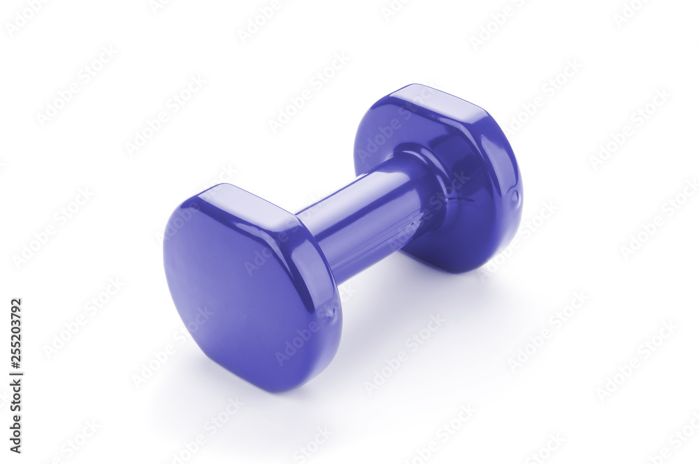 Blue dumbbell close up on white background Blue dumbbell close up on white background