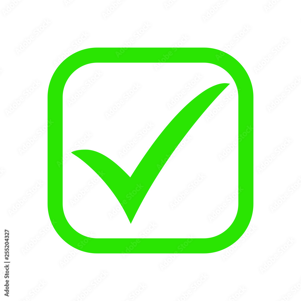 Tick icon vector symbol, green checkmark isolated on white background, check mark or checkbox pictogram, checked icon or correct choice sign. Tick icon vector symbol, green checkmark isolated on white background, check mark or checkbox pictogram, checked icon or correct choice sign.