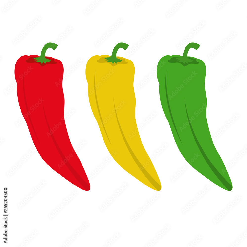 Three chilli peppers isolated. Red, yellow and green chilli peppers. White background. Three chilli peppers isolated. Red, yellow and green chilli peppers. White background.
