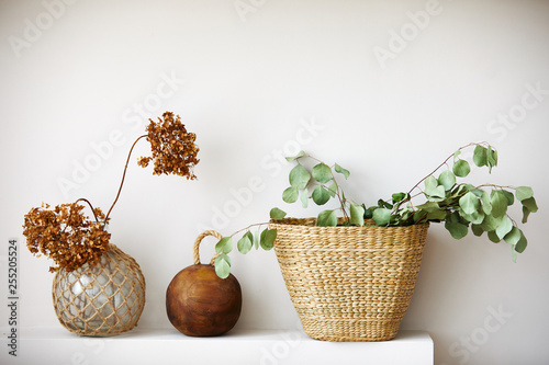 Fototapeta Naklejka Na Ścianę i Meble -  Home decor with beautiful pots wight background