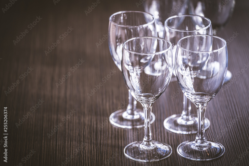 Wine Glass at the exhibition on the table. wedding decor