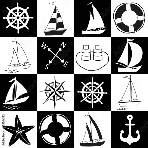 Chess board seamless marine pattern. Black and white squares with nautical elements