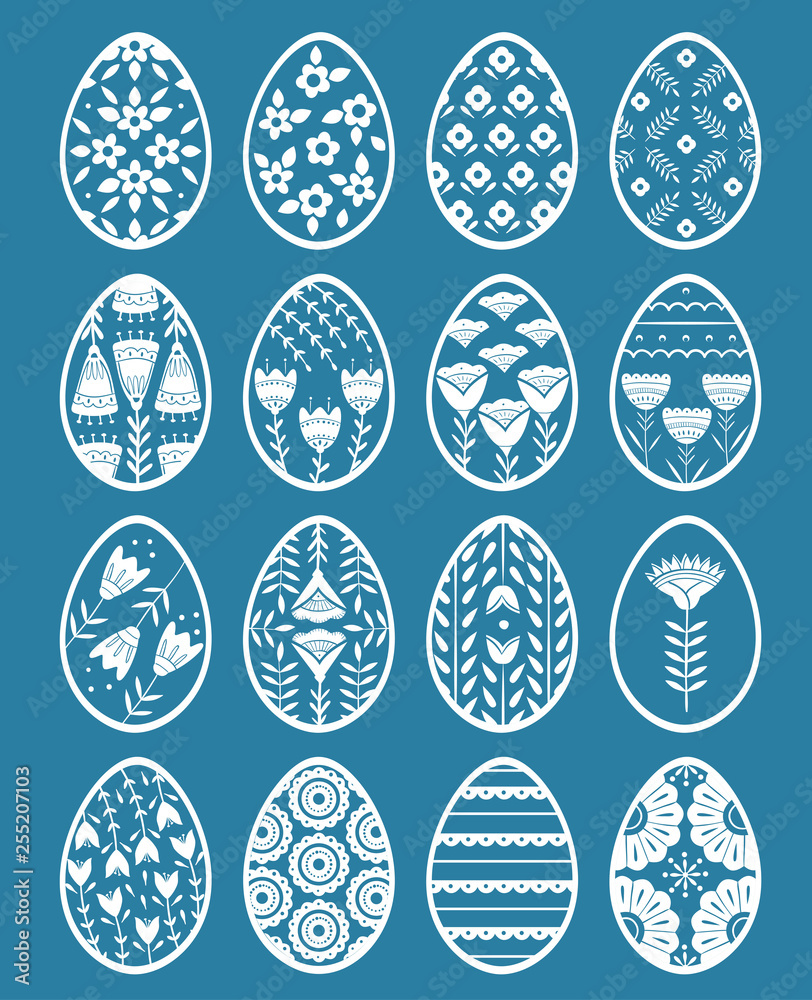 Set of Easter eggs with floral and plant ornamental. Folk style collection, laconic vector graphic Scandinavian style. Blue color. For holiday celebration design Set of Easter eggs with floral and plant ornamental. Folk style collection, laconic vector graphic Scandinavian style. Blue color. For holiday celebration design