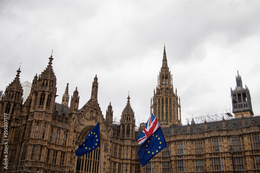 Fototapeta premium European Union and British Union Jack flag flying together.