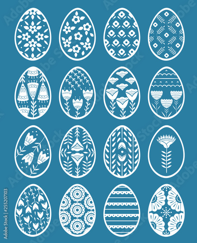 Set of Easter eggs with floral and plant ornamental. Folk style collection, laconic vector graphic Scandinavian style. Blue color. For holiday celebration design