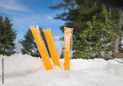 Orange freezer pops in a snow bank