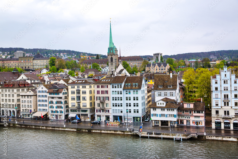 Zurich panorama view, landscape on rainy day. Switzerland. 