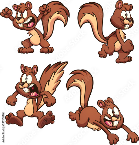 Cartoon squirrel with different expressions and poses clip art. Vector illustration with simple gradients. Each on a separate layer.