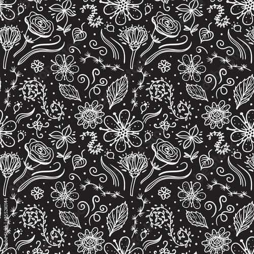 Hand drawn flower seamless pattern on dark background. Monohrome color. Vector abstract surface design.