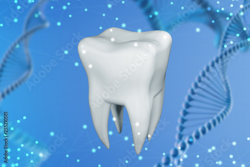 3d illustration of a human tooth on a blue abstract background. Concept of technology in dentistry