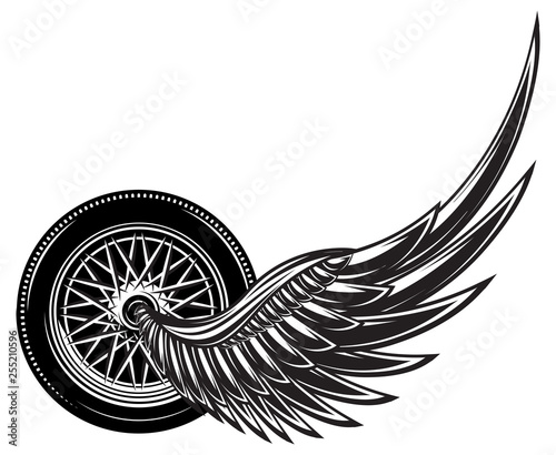 Vector monochrome pattern with wheel and wings.