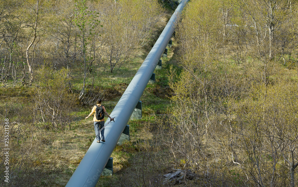 Naklejka premium hiking on the pipeline in Trollfjord, Lofoten Islands, northern Norway, Scandinavia