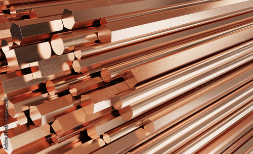 Copper metal products. Stack of round, square, hexagonal copper rods.