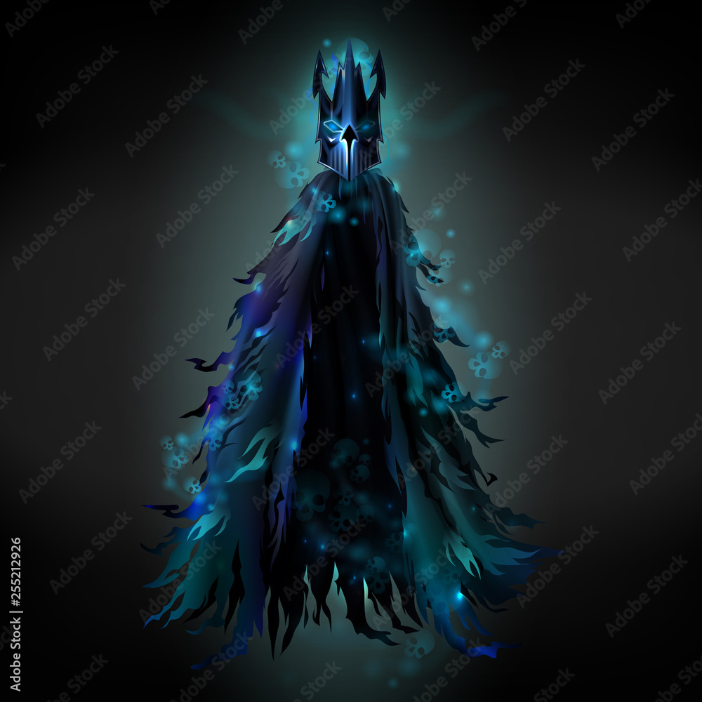 Dark sorcerer, evil demon or monster, dead knight ghost in ragged cloak and  steel mask, glowing with mysterious light, flying in darkness 3d realistic  vector illustration for fantasy game design Stock-vektor