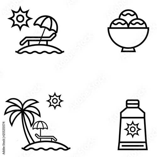 Set of summer icon, palm tree on island, umbrella on island, sun block cream, sundae. 