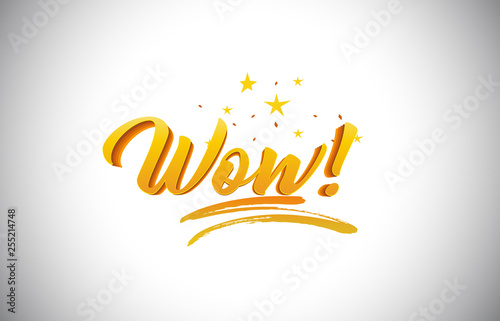Wow!  Golden Yellow Word Text with Handwritten Gold Vibrant Colors Vector Illustration.