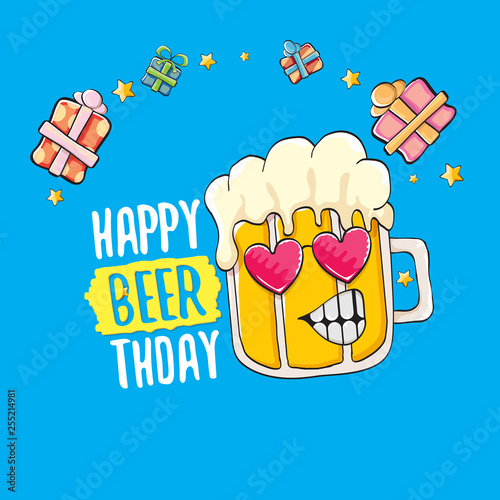 Happy Beerthday vector greeting card or print. Happy birthday party celebration poster with funky beer character and gifts