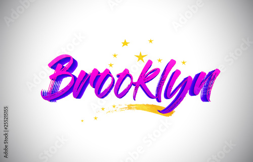 Brooklyn Purple Violet Word Text with Handwritten Vibrant Colors and Stars Confetti Vector.