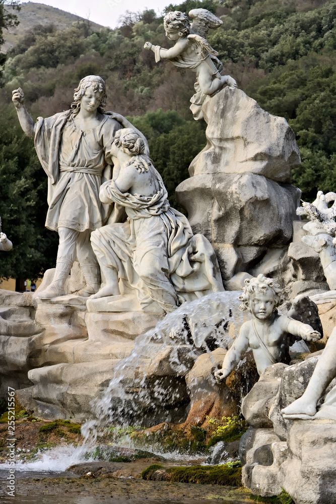 Reggia di Caserta, Italy. 10/27/2018. Fountain with sculptures in white marble