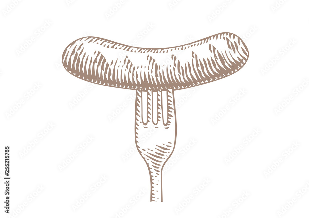 Grilled small sausage on the fork Grilled small sausage on the fork