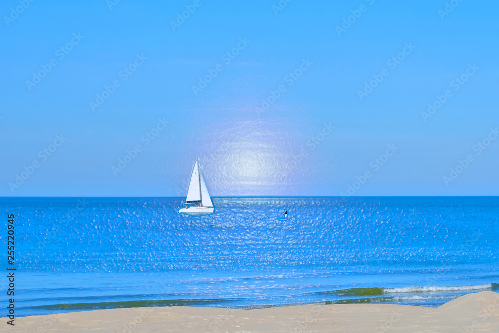Obraz premium Yacht in the sea. Sandy beach with the oncoming wave.