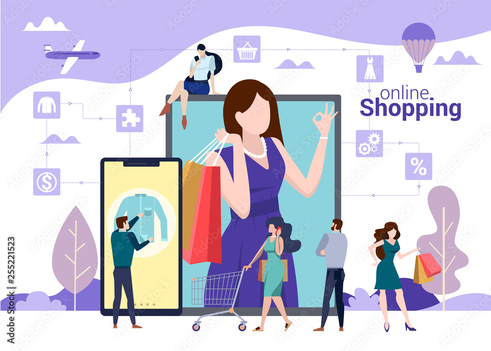 Obraz premium Online shopping vector concept with people choosing, buying and carrying bags with purchases. Online store, digital marketing, travel and lifestyle illustration