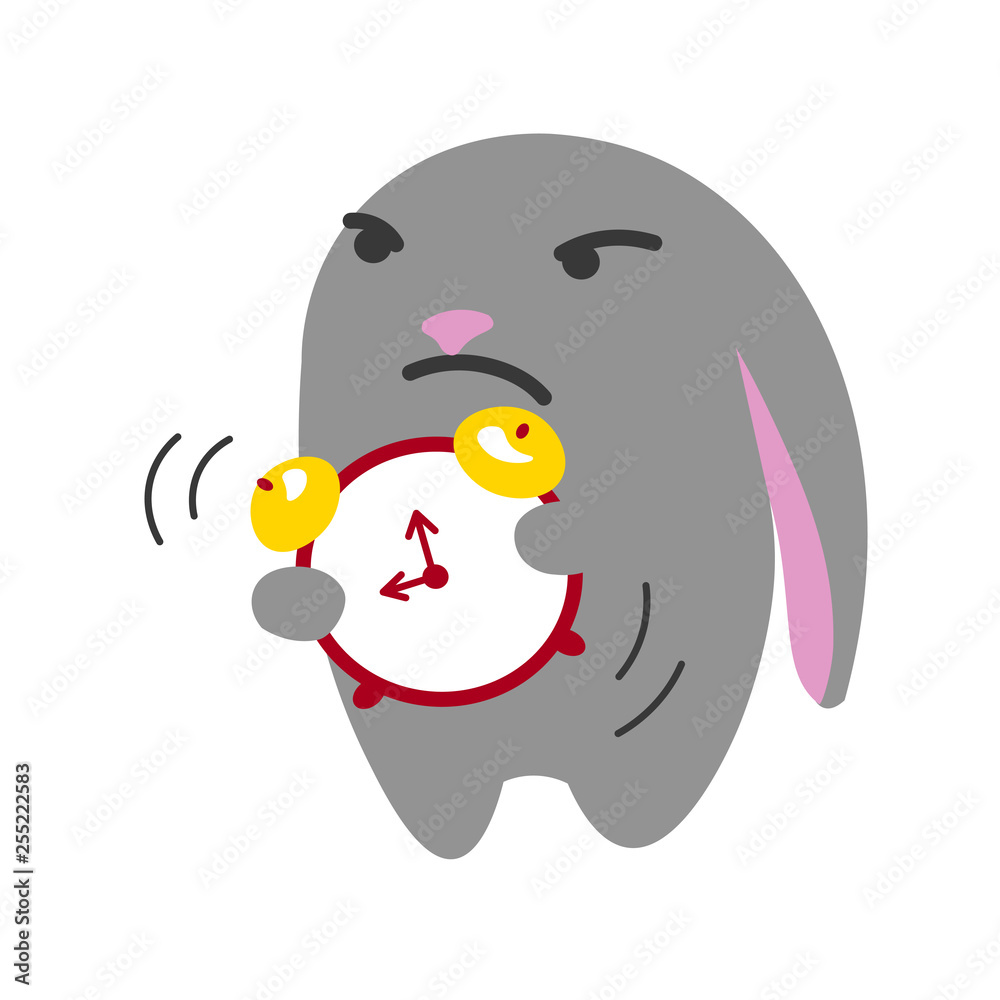 Morning monday strict rabbit with alarm clock vector illustration. Morning monday strict rabbit with alarm clock vector illustration.