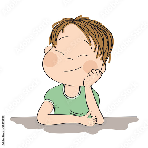 Small cute boy daydreaming, imagining something- original hand drawn illustration