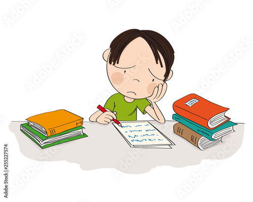 Unhappy and tired boy preparing for school exam, writing homework, feeling sad and bored - original hand drawn illustration