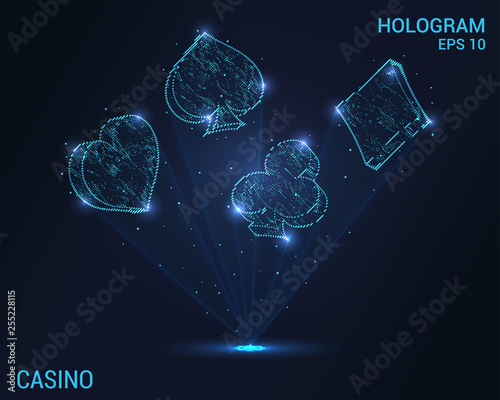 Casino hologram. Digital and technological background of the casino. Futuristic playing card design.