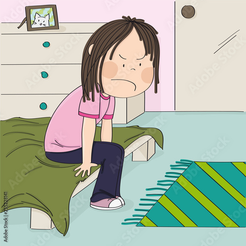 Annoyed and unhappy teenage girl sitting on the bed in her children's room, thinking about the injustice of her adolescent life. Original hand drawn illustration.